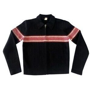 J.Crew Merino Wool Zip Up Sweater Fair Isle Made in Hong Kong Vintage Red Black